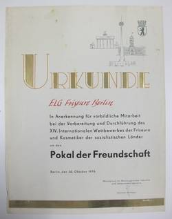 Urkunde an die ELG Friseure Berlin für die Mitarbeit beim Pokal der Freundschaft