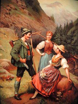 Fensterbild: Alpenlandschaft mit 2x Frauen und 1 Mann (Jäger)
