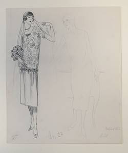 Modezeichnung im Atelier WKS von Rudolf Förster, Hochzeitskleid 