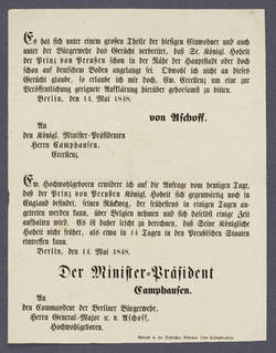 Bekanntmachungen des Kommandeurs der Bürgerwehr Friedrich von Aschoff und des preußischen Ministerpräsidenten Ludolf Camphausen betreffend die Rückkehr des Prinzen von Preußen - Maueranschlag