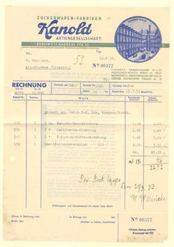 Brief - Rechnung von Zuckerwaren-Fabriken Kanold an Fa. W. Wernicke, Alt-Globsow
