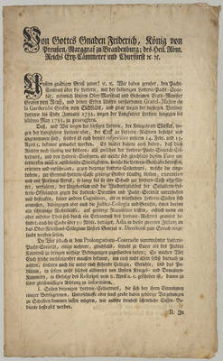 Spezial Befehl Friedrich II an das „Cammer-Gericht und die Churmärckische Kriegs-und Domainen-Cammer“Verlängerung der Lizenz wegen der Berliner und der Langfuhrer Lotterie  bis 1785.