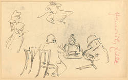 Drei Personen am Tisch sitzend und weitere Skizzen