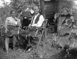 Im Garten sitzendes älteres Paar und Junge