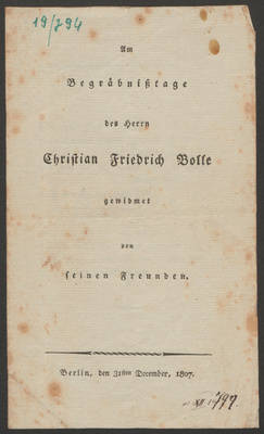 Faltblatt - für die Begräbnistage des Destillateurs Christian Friedrich Bolle;