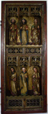 Zwei Altarflügel mit je 6 Schnitzfiguren, Außenseite Malerei aus der Kirche in Dölzig