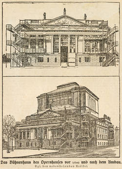 Das Bühnenhaus des Opernhauses vor und nach dem Umbau;