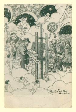 Ansichtskarte mit einem Motiv von Walter Zille: Heinrich Zille im Himmel vor einer Staffelei umringt von Puttenengeln und "dem Volk"
