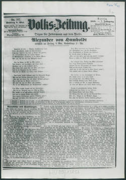 Volks-Zeitung, No 107, 8.5.1859: Alexander von Humboldt verschied am Freitag...