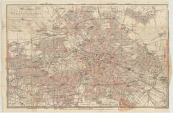 Baedeker-Karte von Berlin mit Linien der Straßen-, Stadt-, Hoch- und Ringbahn;