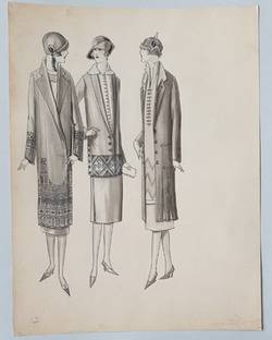 Modezeichnung im Atelier WKS von Rudolf Förster, drei Damen in Nachmittagsensembles