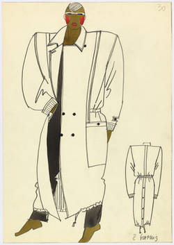 Modezeichnung von Rotraud Hornig für VHB Exquisit, 1989, Mantel mit Parkaelementen
