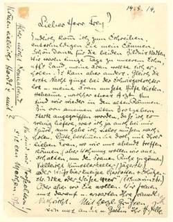 Originalbrief Heinrich Zilles an Hermann Frey, u. a. Hinweis, dass sein alter Brotgeber ihn stark angegriffen hat, da er zu wenig Arbeiten liefere.