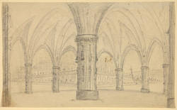 Offene Säulenhalle mit Blick auf Palastanlage;