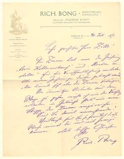 Brief von Richard Bong an Heinrich Zille betr. Veröffentlichungsverbot für die Zeichnungen "Kohlenkauf" u. "Hinten anstellen" 