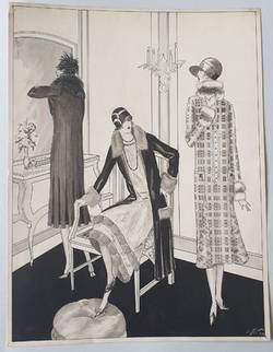 Modezeichnung im Atelier WKS von Rudolf Förster, drei im Damen im Boudoire