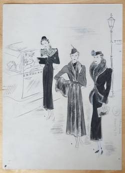 Modezeichnung: Drei Figurinen bei einem auf dem Trottoire