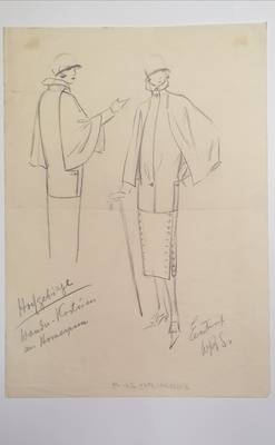 Bleistift-Mode-Skizzen,  Wulf Konrad Schwerdtfeger, Damenjacke  mit Cape
