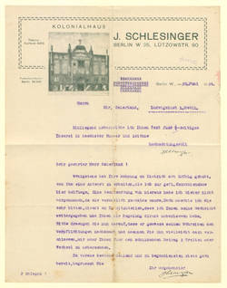 Geschäftsbrief des Kolonialhauses J. Schlesinger, Lützowstraße 90.