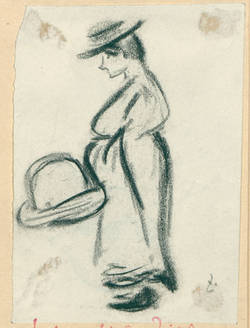 Frau mit Hut, den Bauch an ein Objekt lehnend 